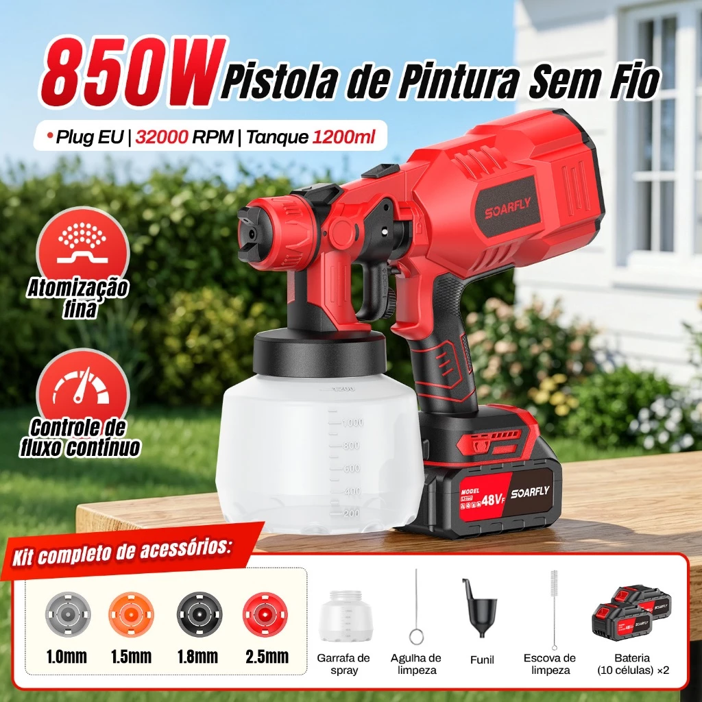 Pistola de Pintura Pulverizador Sem Fio 850W + 2 Baterias Extras